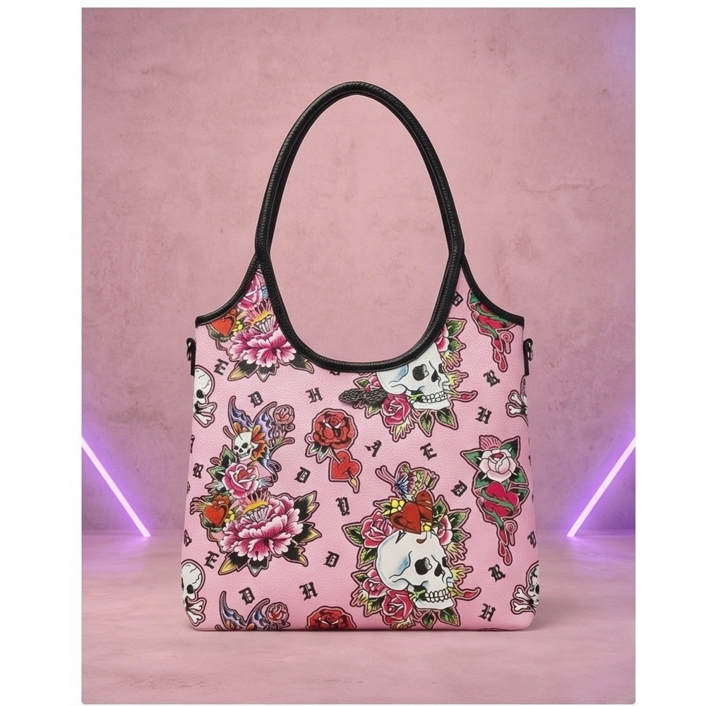 Ed Hardy Pink‎ Skull Rose Tattoo Print Vegan Leather Tote Bag 12"x11" NWT